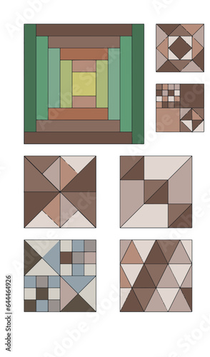 Patchwork blocks patterns geometric elements of the pattern for sewing a pattern for fabric quilting needlework colored pieces of fabric squares set on a white