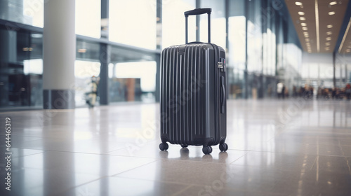 Generative AI, stylish modern suitcase on the background of the airport building, travel, luggage, check-in, vacation, business trip, bag, shiny case on wheels, urban design, high-tech interior, light