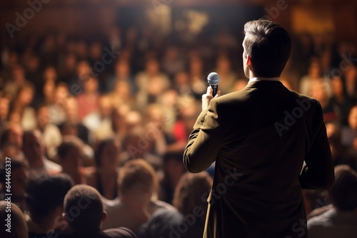 a male motivational speaker or a stand-up comedian presenting his speech in front of an audience in a microphone in a dark club or concert hall venue with selective lighting