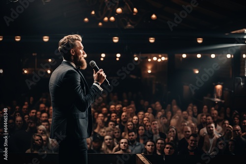 a male motivational speaker or a stand-up comedian presenting his speech in front of an audience in a microphone in a dark club or concert hall venue with selective lighting