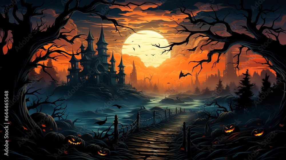 16:9 aspect ratio spooky halloween background wallpaper with scary haunted castle and trees