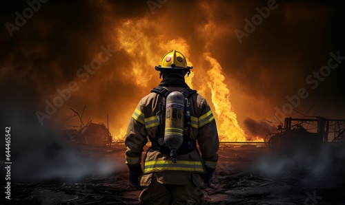 firefighter is looking at conflagration fire, generative ai