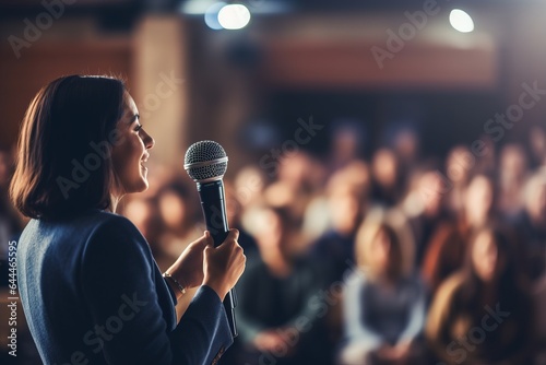 a female motivational speaker or a stand-up comedian presenting her speech in front of an audience in a microphone in a dark club or concert hall venue with selective lighting