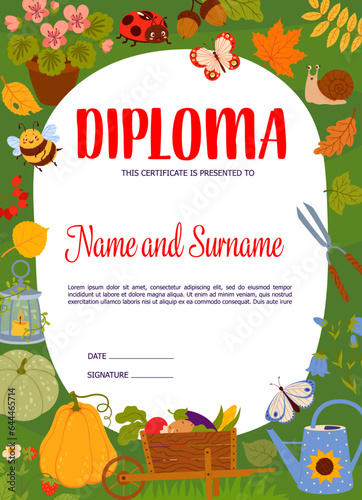 Kids diploma with gnome items, autumn leaves, plants and garden tools. Educational school or kindergarten certificate, vector award frame template with cartoon vegetable, cute insects and flowers
