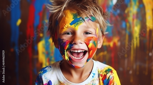 Beautiful young boy covered in colorful paint , smile , kid fun activity concept © Keitma