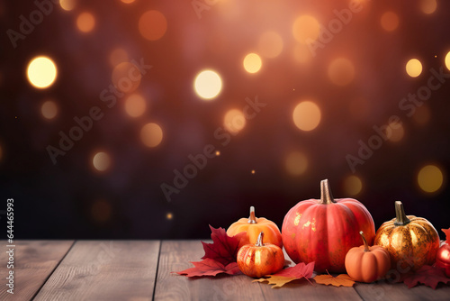 pumpkins on wooden ground with fall leaves and a bokeh background with space for text, autumn background