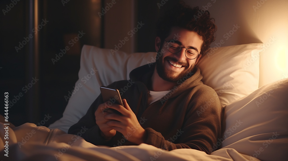 Happy young man lying in bed and smiling while holding and using his smartphone , mobile phone and screen time before sleeping concept Happy young man lying in bed and smiling while holding and using his smartphone , mobile phone and screen time before sleeping concept