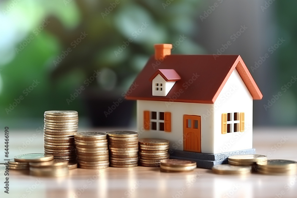 House model and coins money on the table for finance and banking concept , Property investment mortgage and home rental House model and coins money on the table for finance and banking concept , Property investment mortgage and home rental