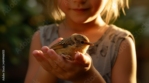 Fototapeta Naklejka Na Ścianę i Meble -  Child girl gently holding a small bird in her hands , animal protection concept