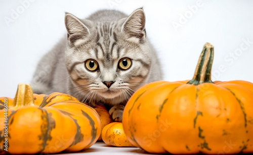 Funny cat with Halloween pumpkins isolated on white background. Kitten and pumpkin on white. Halloween holidays. Autumn season. October. Autumn mood. digital ai