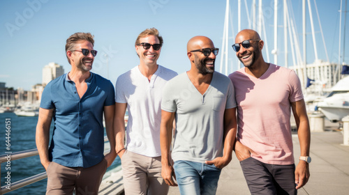 Group of successful adults men friends smiling, healthy rich 40 year old men in an harbor , casual chic clothing © Keitma