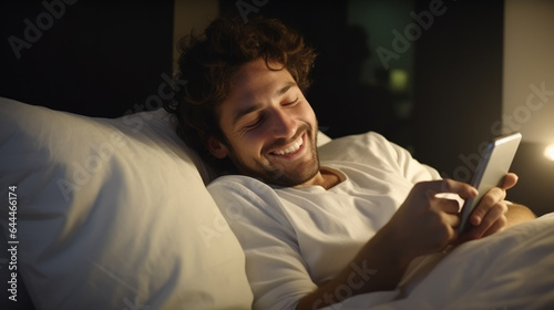 Happy young man lying in bed and smiling while holding and using his smartphone , mobile phone and screen time before sleeping concept