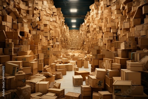 A warehouse filled with piles of cardboard boxes. Generative AI