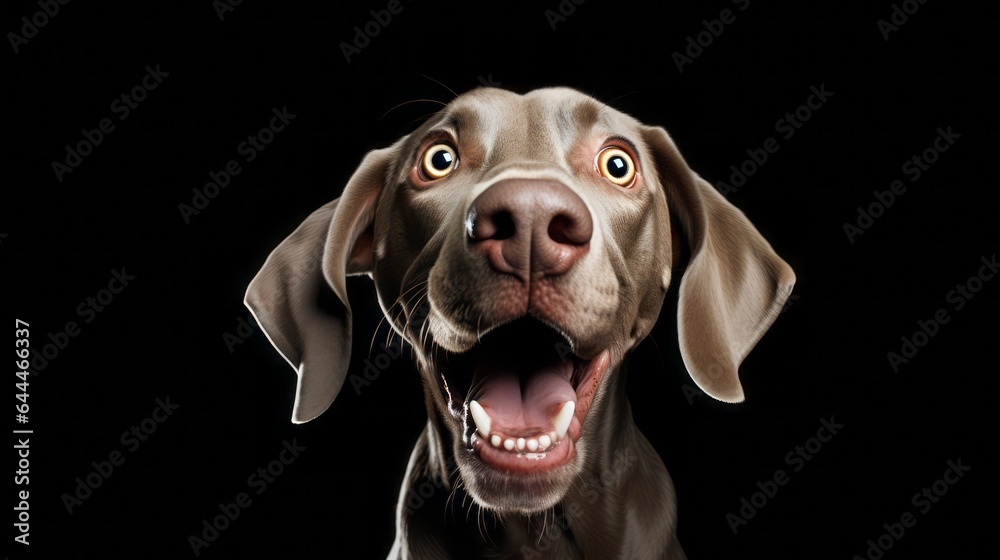 Close up portrait of funny face Weimaraner dog with opened mouth. Minimal humorous concept. Black background with copy space