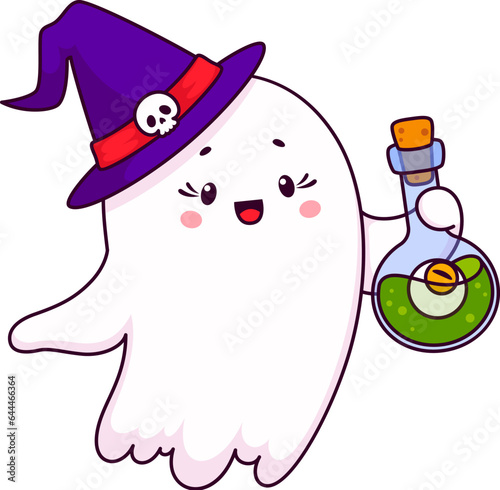 Cartoon halloween kawaii cute ghost character donning a witch hat playfully holds a potion flask. Adorable vector spook exuding a charming and whimsical aura that captures the spirit of holiday