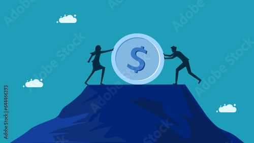 Two businessmen pushing coins. The concept of financial competition. Vector