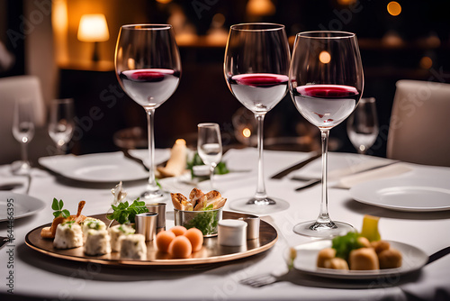 Elegant and select restaurant table Wine Glass and appetizers  on the bar table Soft light and romantic atmosphere dinner wedding service menue