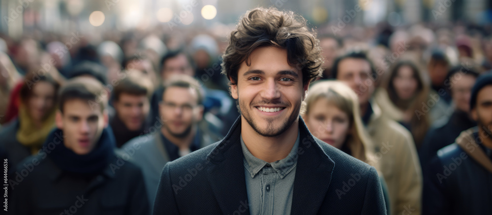 Banner with a young handsome man looking at camera in middle of a big crowd of people Banner with a young handsome man looking at camera in middle of a big crowd of people