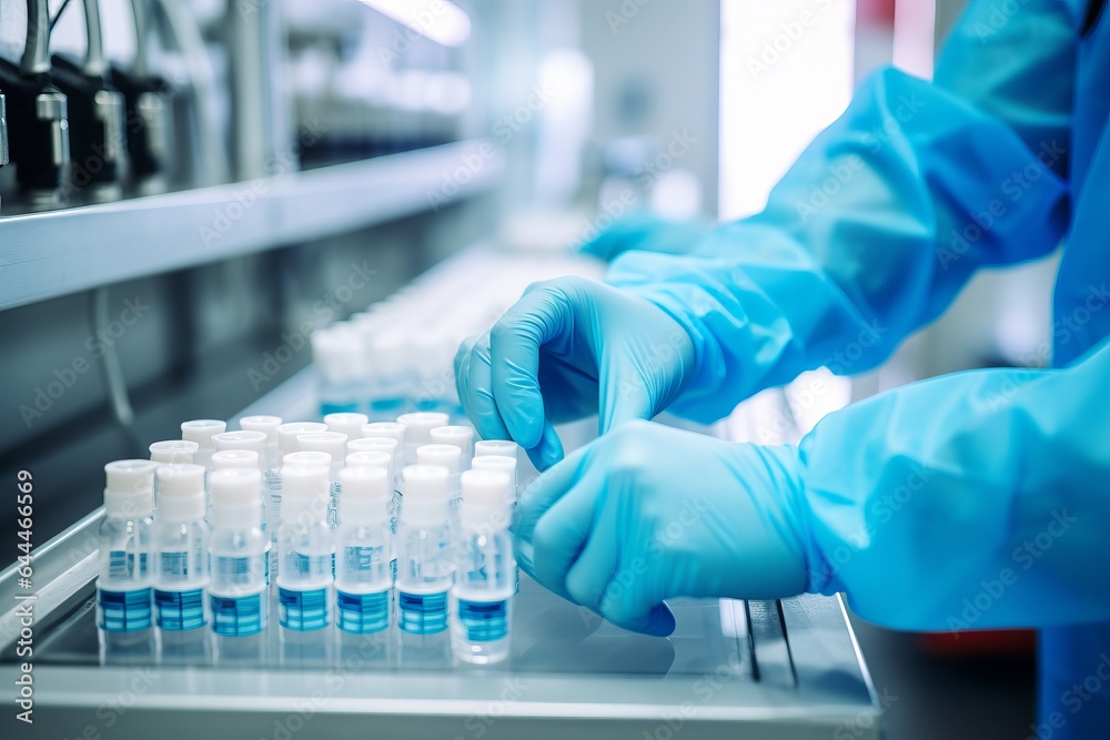 hands of a doctor, scientist or medical worker in blue sanitary glover controlling medicinal products vaccine vials at pharmaceutical factory. Pharma assembly line with liquid meds in glass bottles hands of a doctor, scientist or medical worker in blue sanitary glover controlling medicinal products vaccine vials at pharmaceutical factory. Pharma assembly line with liquid meds in glass bottles