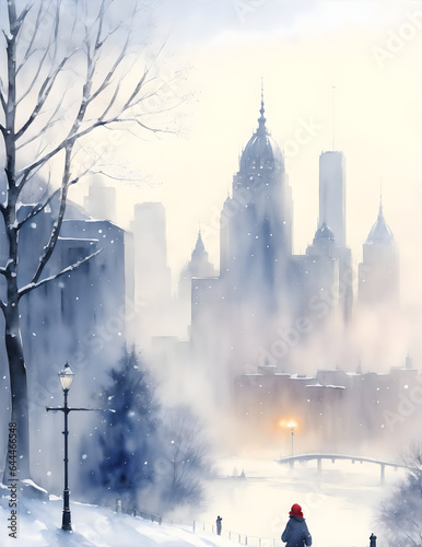 Winter watercolor city view 