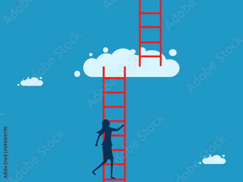 Improve business to have better quality. Businesswoman climbs the stairs to the next level of cloud vector