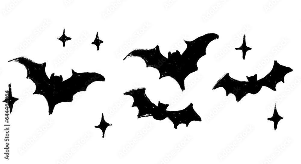Hand drawn illustration border of black vampire bats in dark night sky. Halloween creepy spooky horror concept flying gothic design wildlife, mystery monster animal. minimalist print in monochrome. - obrazy, fototapety, plakaty 