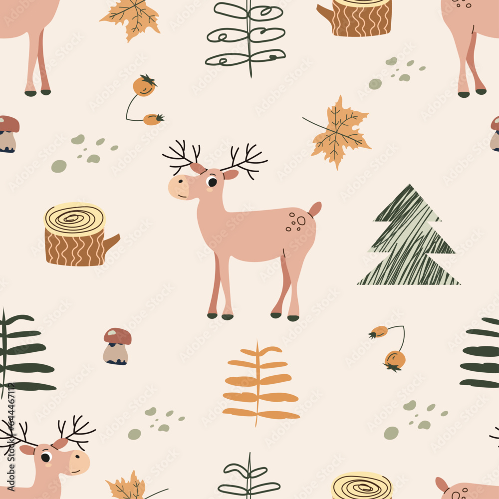 Seamless pattern with cartoon moose, trees, decor elements. Childish texture for fabric, textile, apparel, nursery decoration. Hand drawn vector illustration. Seamless pattern with cartoon moose, trees, decor elements. Childish texture for fabric, textile, apparel, nursery decoration. Hand drawn vector illustration.
