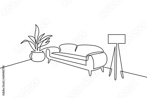 Living room in continuous line art drawing style. Modern living room interior with sofa, floor lamp and pot flower. Home furniture black linear design isolated on white background. Vector illustration