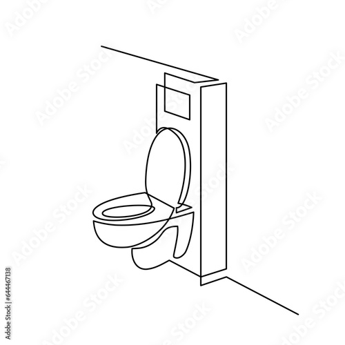 Toilet in continuous line art drawing style. Modern wall-hung WC with hidden tank installation system black linear sketch isolated on white background. Vector illustration