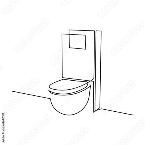 Toilet in continuous line art drawing style. Modern wall-hung WC with hidden tank installation system black linear sketch isolated on white background. Vector illustration