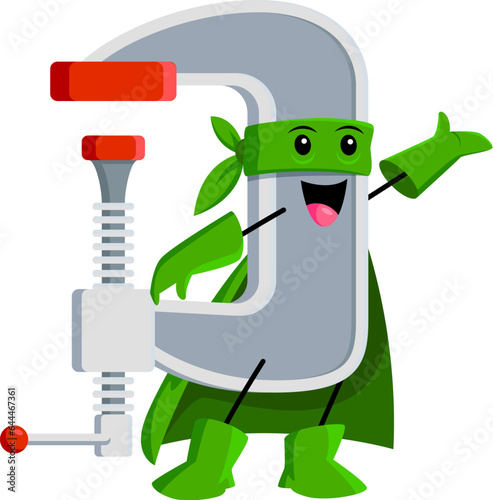 Cartoon clamp or vise superhero character. Isolated vector powerful tool defender with super strength. He secures justice with his unbreakable grip, immobilizing villains and ensuring safety of city