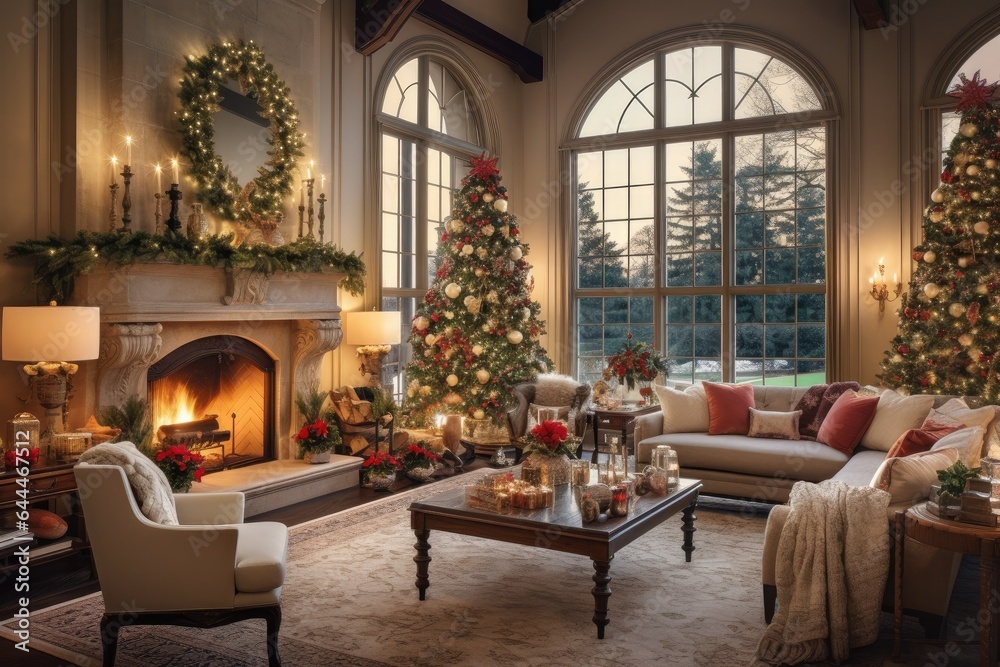 Fototapeta premium Generative ai of inside the house with a Christmas tree and decorated in a warm Christmas theme.