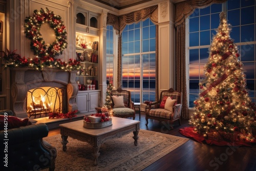 Generative ai of inside the house with a Christmas tree and decorated in a warm Christmas theme. © Zoro