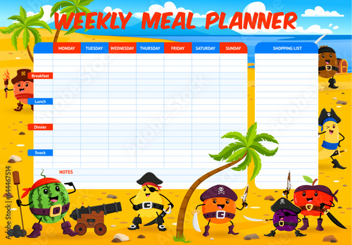 Weekly meal planner. Cartoon fruit pirates and corsairs characters on treasure island vector background. Week food plan or diet menu schedule, apple, orange, banana and peach fruit pirates personages