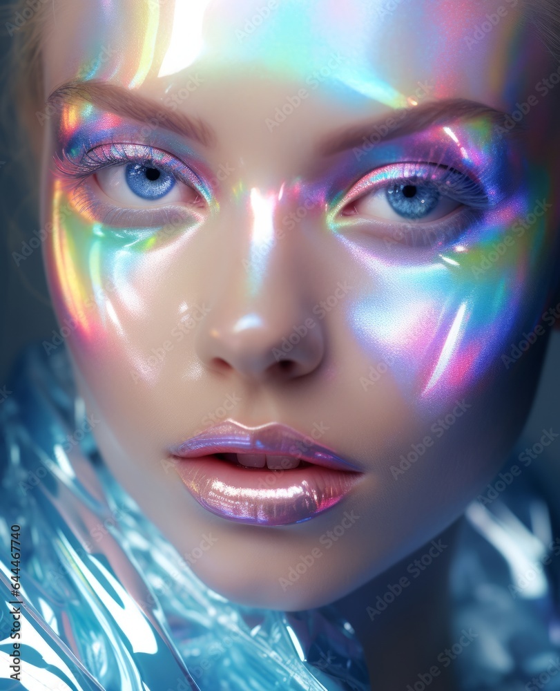 A close up of a woman's face with shiny makeup. Futuristic hologram iridescent glowing face lips and eyes.