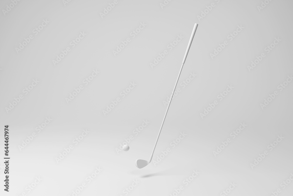 Golf club and golf ball with shadow on white background in monochrome and minimalism. Illustration of the concept of sports, competition and leisure