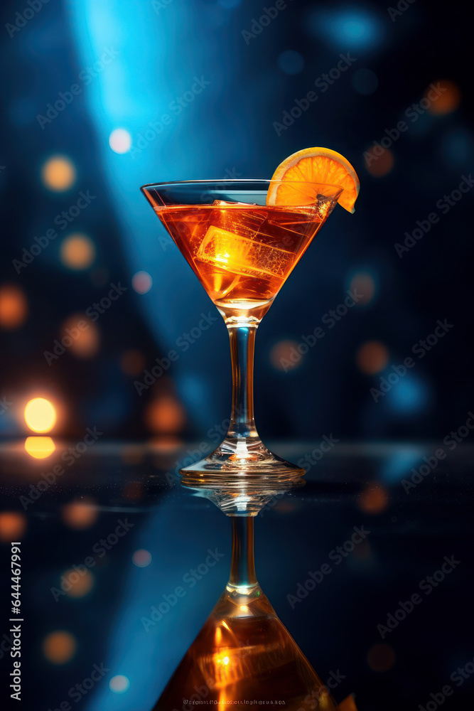 Transparent glass of fresh cocktail with a slice of lemon or orange. colorful drink on a bright background with shadows