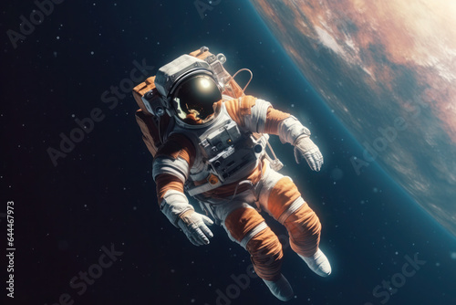 Astronaut, Space tourist in space suit in cosmos. a man in a spacesuit flies in weightlessness