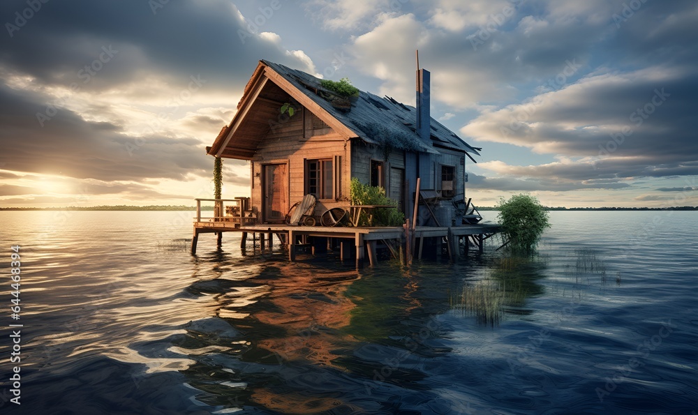 Fototapeta premium abandoned cabin wooden house on the sea, ai generative