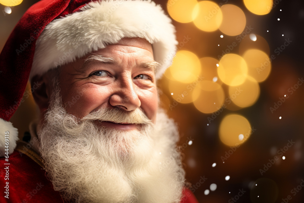 Santa Clause close up portrait with a golden bokeh background
