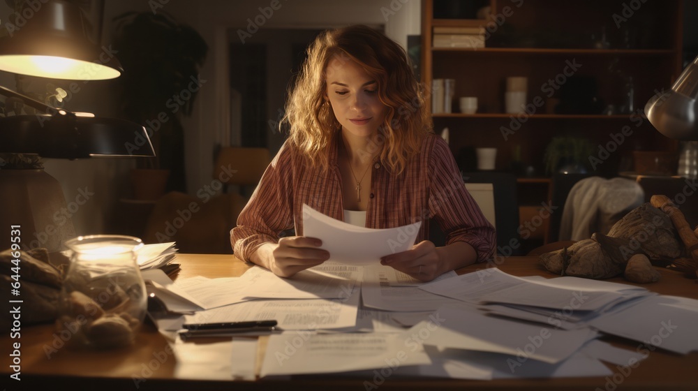 Fototapeta premium A woman working at a desk with documents and a lamp