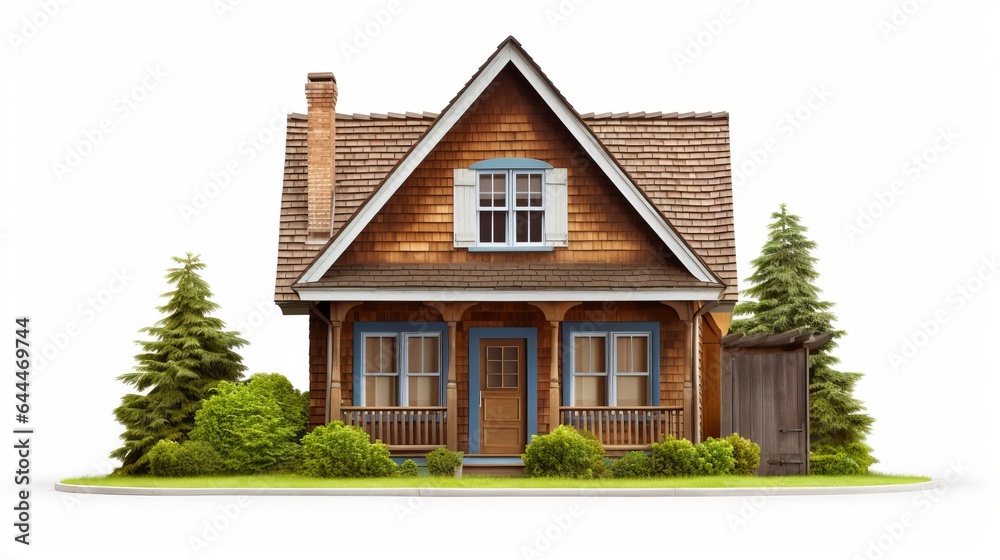 A charming wooden house with a vibrant blue door and windows