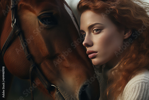 Closeup photo of pretty young woman with her horse, face to face. Favorite horse for riding, friend.