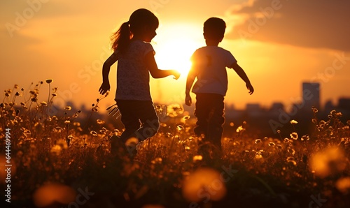 children playing in flower field with sunset, generative ai