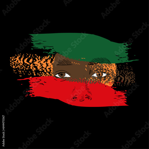 	Design for a black woman's eyes t-shirt with green; orange and red strokes. Vector illustration for black history month photo