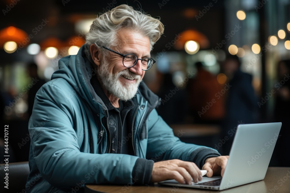 old man with computer in cafe old man with computer in cafe