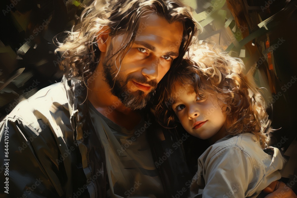 Obraz premium portrait of jesus with little girl in arm