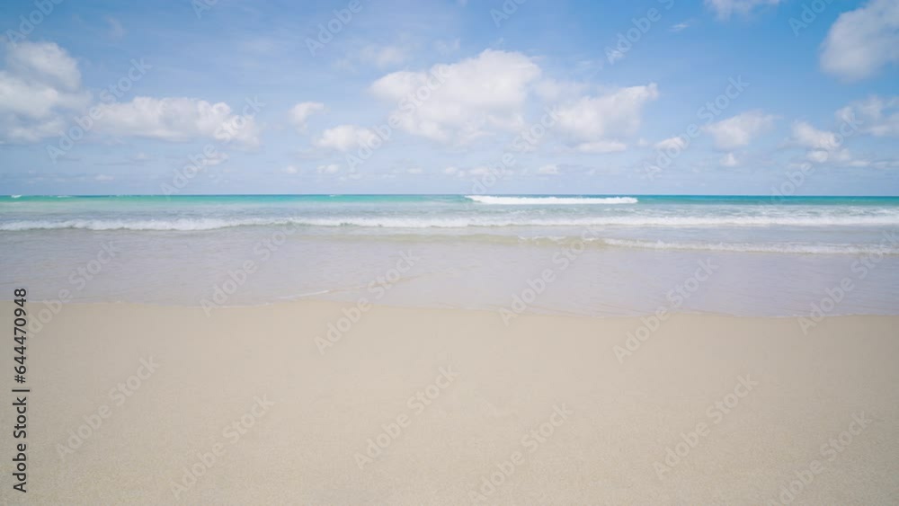 panorama sea view beach blue sky sunny. Sea waves splashing sandy beach shore summer .