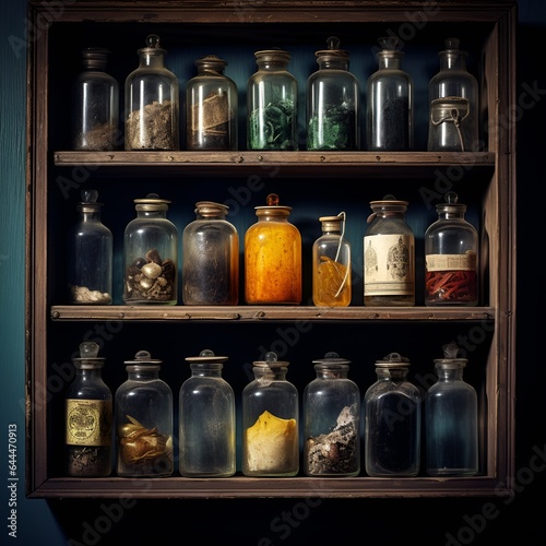 rows of bottles containing potions on the wall cupboard, ai generative