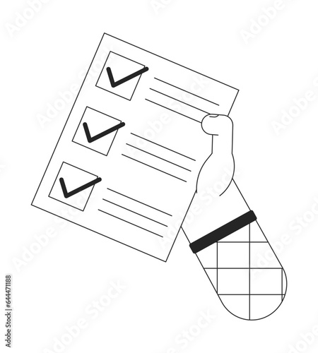 Holding checklist bw concept vector spot illustration. Completed tasks. To do list 2D cartoon flat line monochromatic hand for web UI design. Editable isolated outline hero image